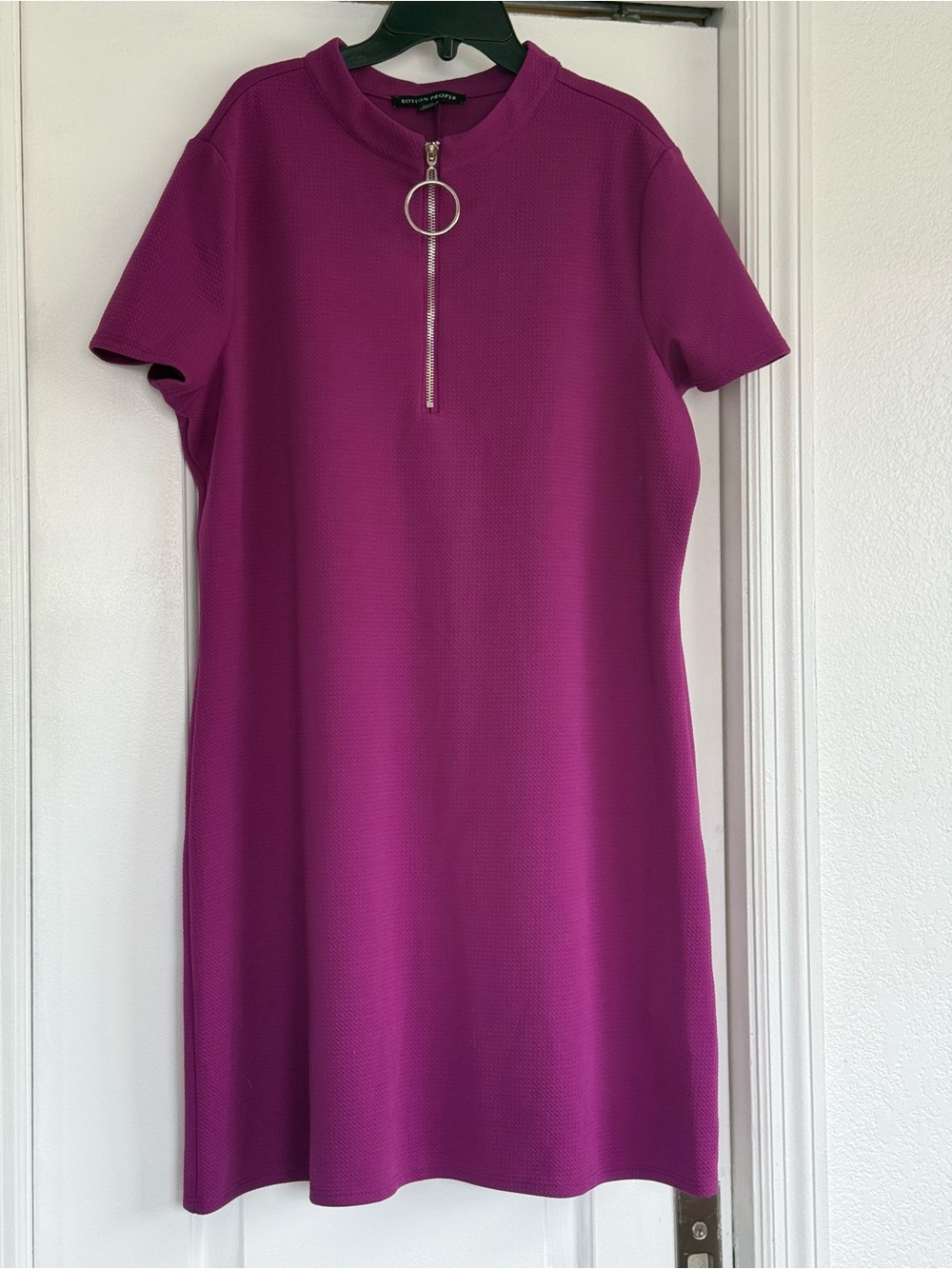 Boston Proper Fuchsia Short-Sleeve Zip-Front Mini Dress